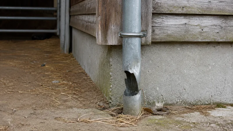 Kapotte hemelwaterafvoer langs een stal als mogelijke toegangsroute voor ratten