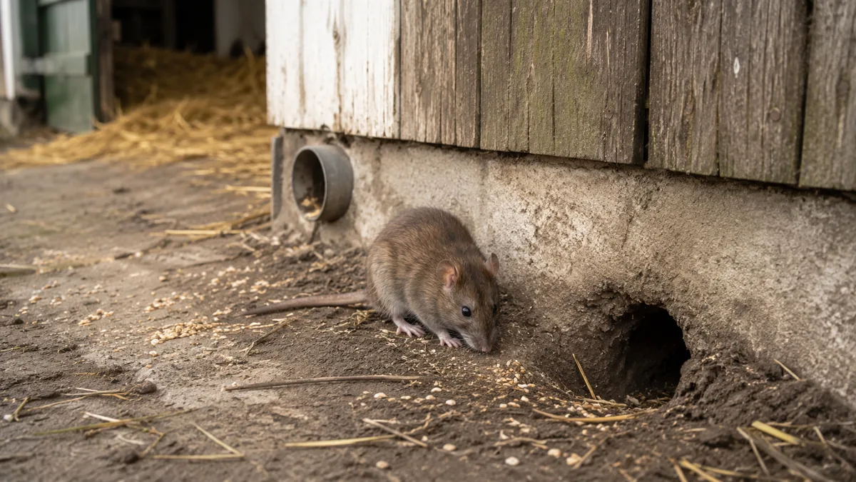 Bruine rat bij een rattenhol langs de fundering van een stal