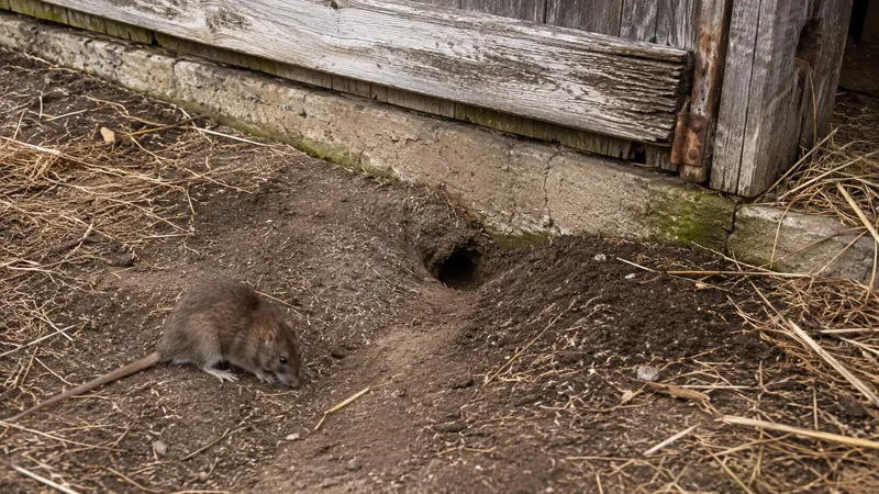 Bruine rat bij een rattenhol in de aarde langs de fundering van een schuur
