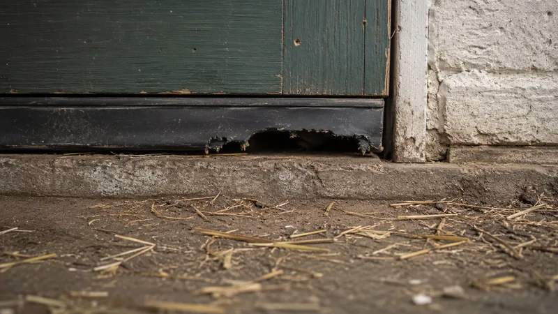 Weggeknaagde rubberen afdichting onder een staldeur als mogelijke toegangsweg voor ratten