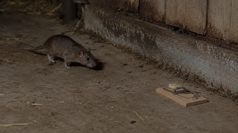 Rat die afstand houdt van een nieuw geplaatste rattenklem