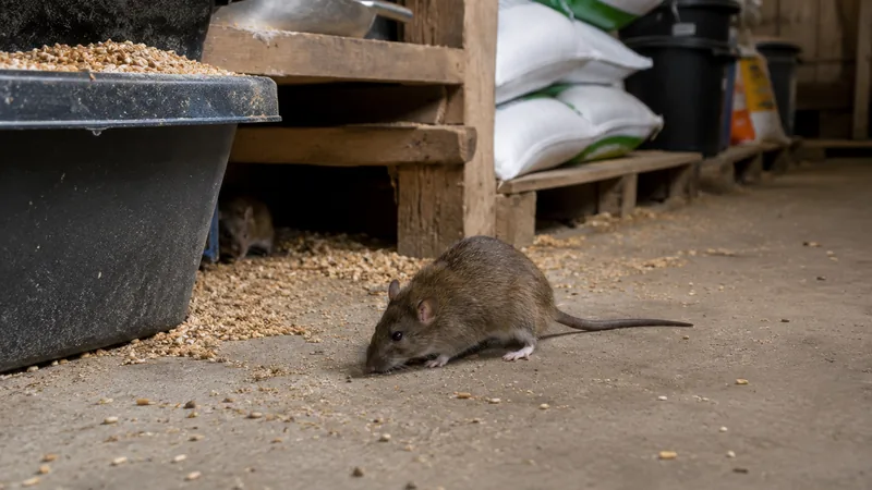 Meerdere ratten bij voer en opgeslagen materialen in een schuur