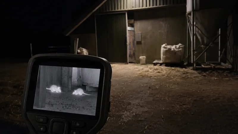 Nachtelijke inspectie van ratten met een zwart-wit warmtebeeldcamera